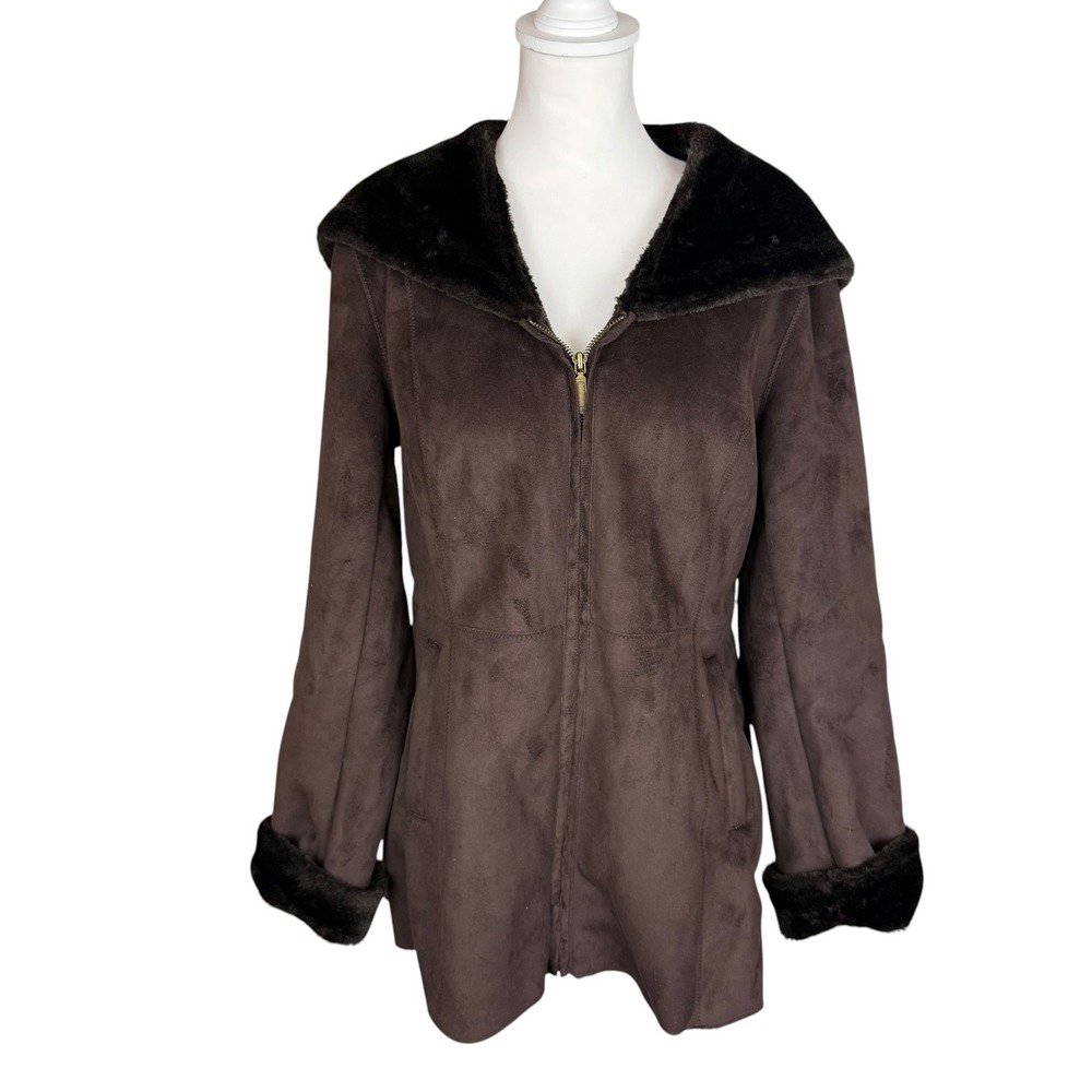 Coldwater Creek Brown Faux Fur Shearling Hooded Jacket Coat Size M 10-12 Suede